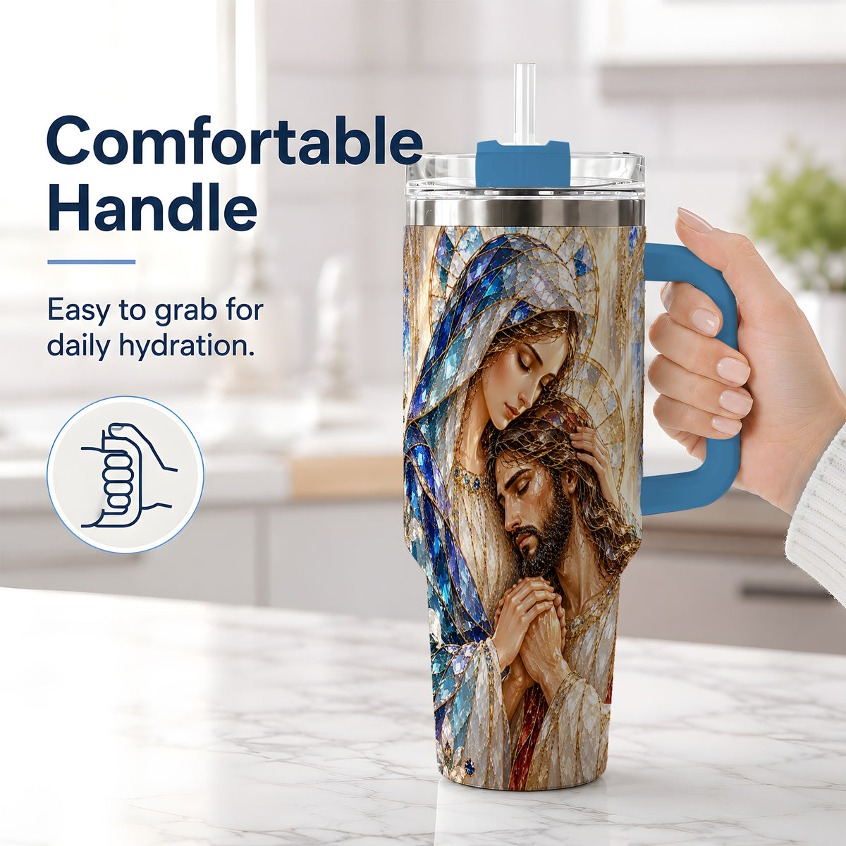 #pl[40oz|Blue] Mary and Jesus 40oz Handled Tumbler with Stained Glass Style Art