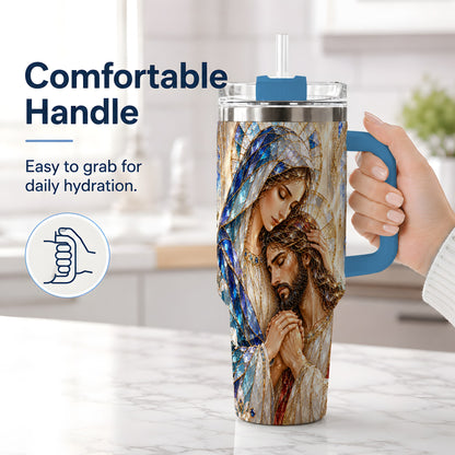 #pl[40oz|Blue] Mary and Jesus 40oz Handled Tumbler with Stained Glass Style Art