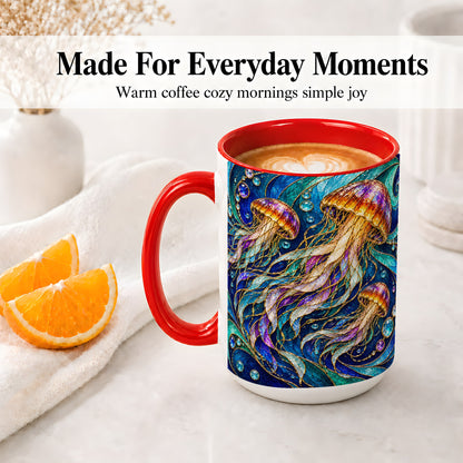 #pl[15oz|Red] Colorful Jellyfish Ceramic Mug, Swirling Ocean Wave Artwork