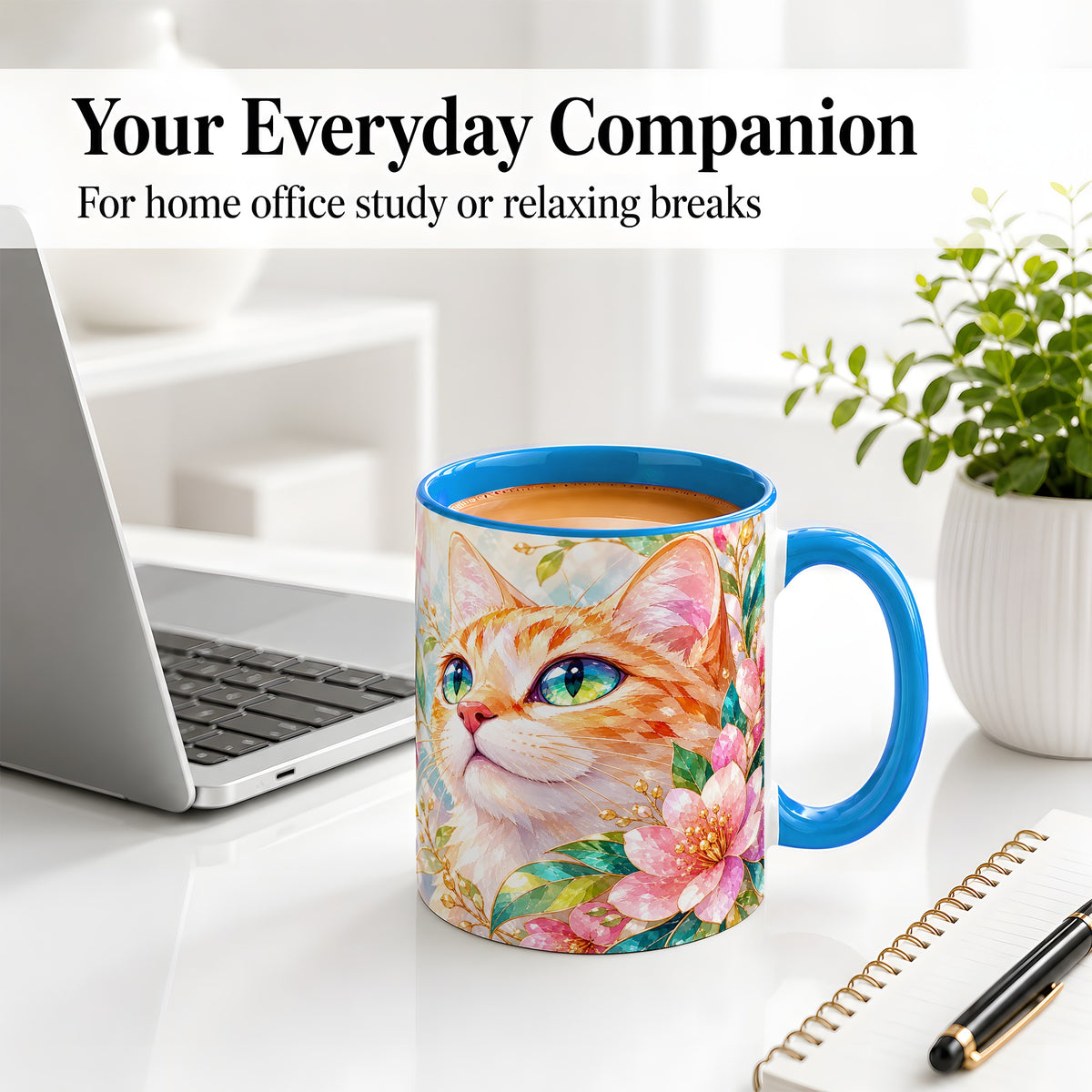 #pl[11oz|Blue] Orange Cat Floral Ceramic Mug, Pink Blossom Artwork for Cat Lovers