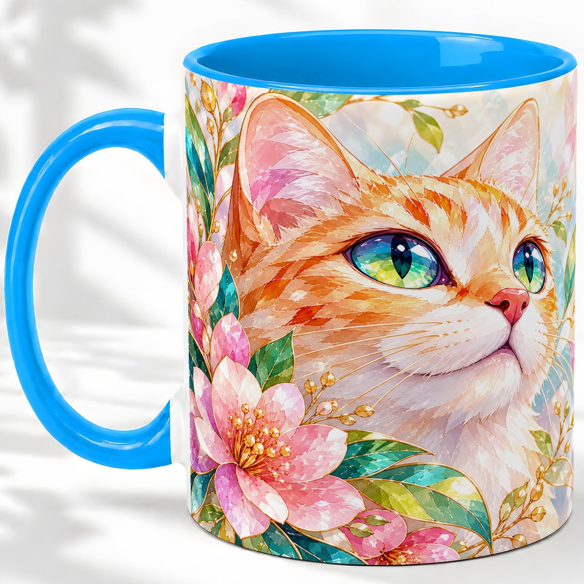 #pl[11oz|Blue] Orange Cat Floral Ceramic Mug, Pink Blossom Artwork for Cat Lovers