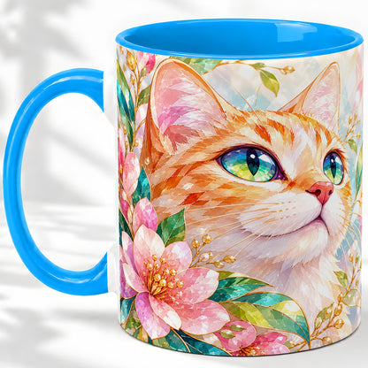 #pl[11oz|Blue] Orange Cat Floral Ceramic Mug, Pink Blossom Artwork for Cat Lovers