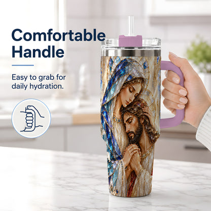 #pl[40oz|Pink] Mary and Jesus 40oz Handled Tumbler with Stained Glass Style Art