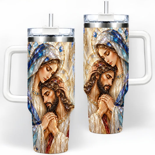 Mary and Jesus 40oz Handled Tumbler with Stained Glass Style Art