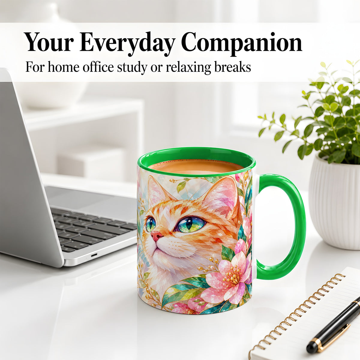 #pl[11oz|Green] Orange Cat Floral Ceramic Mug, Pink Blossom Artwork for Cat Lovers