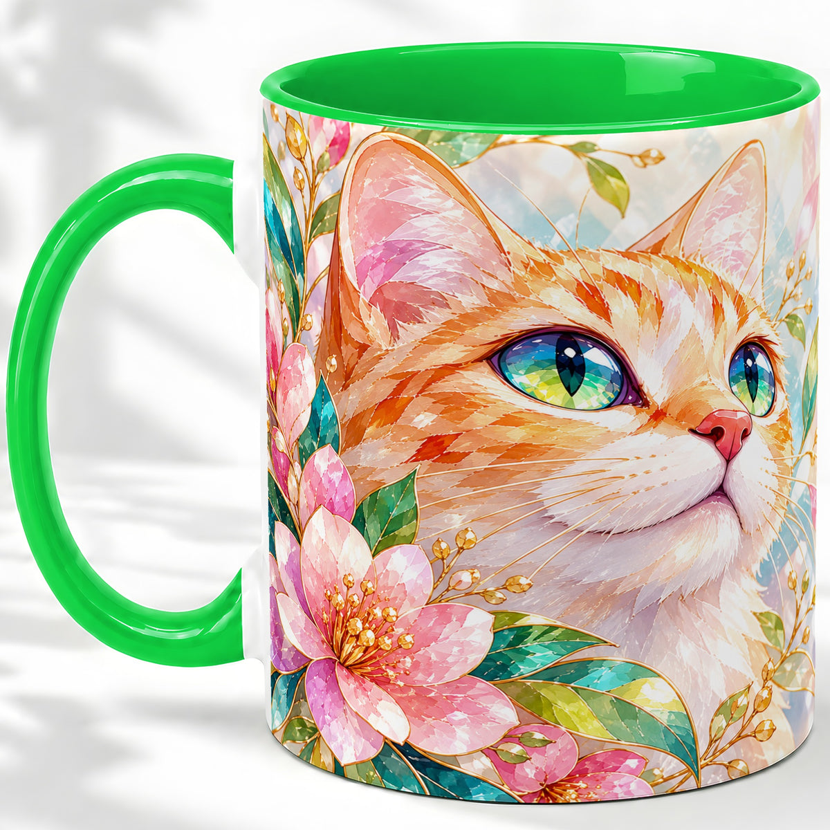 #pl[11oz|Green] Orange Cat Floral Ceramic Mug, Pink Blossom Artwork for Cat Lovers