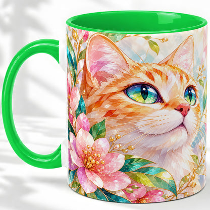#pl[11oz|Green] Orange Cat Floral Ceramic Mug, Pink Blossom Artwork for Cat Lovers