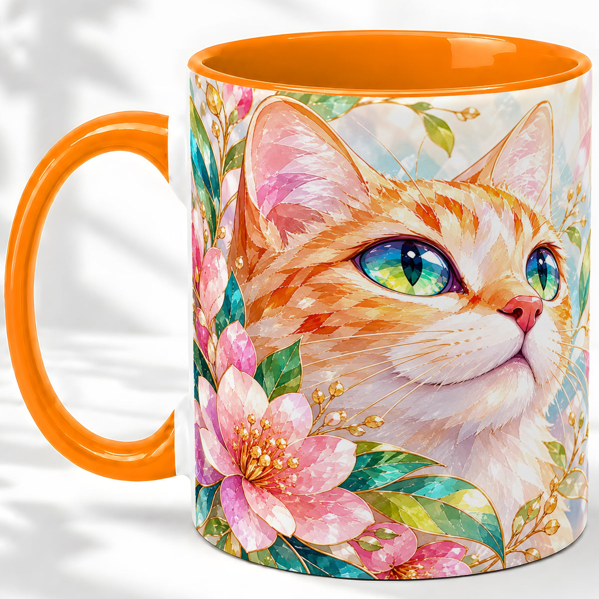 #pl[11oz|Orange] Orange Cat Floral Ceramic Mug, Pink Blossom Artwork for Cat Lovers