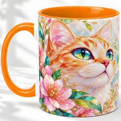 #pl[11oz|Orange] Orange Cat Floral Ceramic Mug, Pink Blossom Artwork for Cat Lovers