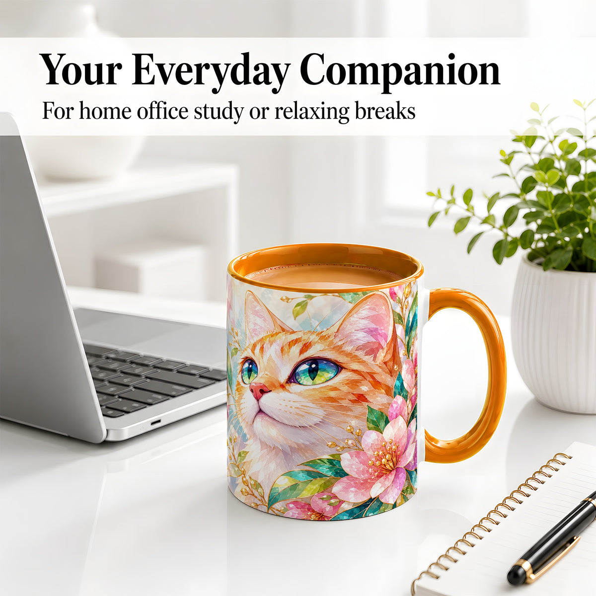 #pl[11oz|Orange] Orange Cat Floral Ceramic Mug, Pink Blossom Artwork for Cat Lovers