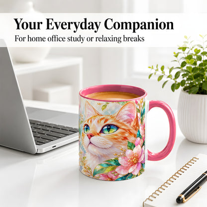 #pl[11oz|Pink] Orange Cat Floral Ceramic Mug, Pink Blossom Artwork for Cat Lovers