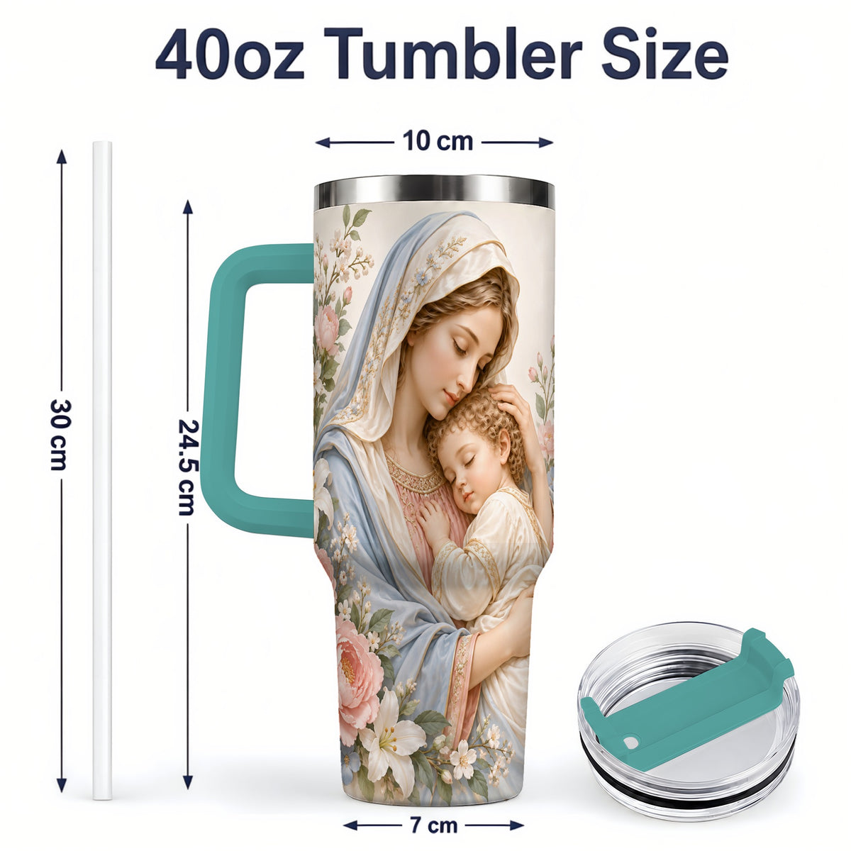 #pl[40oz|Green] Mother and Child Floral 40oz Handled Tumbler, Stainless Steel Floral Art