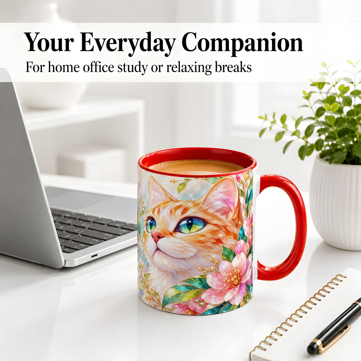 #pl[11oz|Red] Orange Cat Floral Ceramic Mug, Pink Blossom Artwork for Cat Lovers