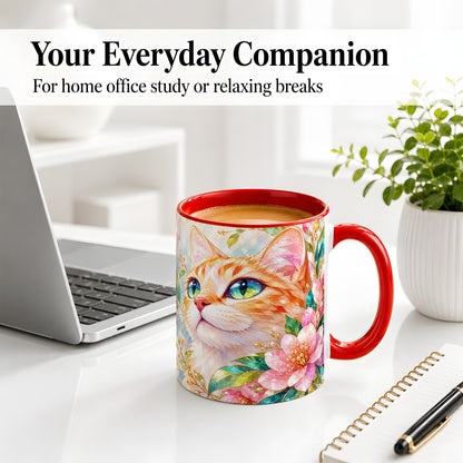 #pl[11oz|Red] Orange Cat Floral Ceramic Mug, Pink Blossom Artwork for Cat Lovers