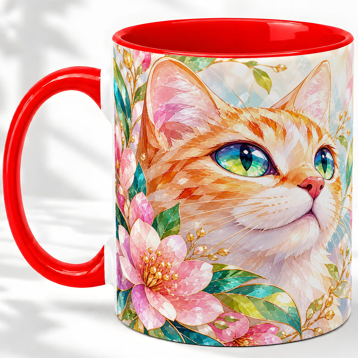 Orange Cat Floral Ceramic Mug, Pink Blossom Artwork for Cat Lovers