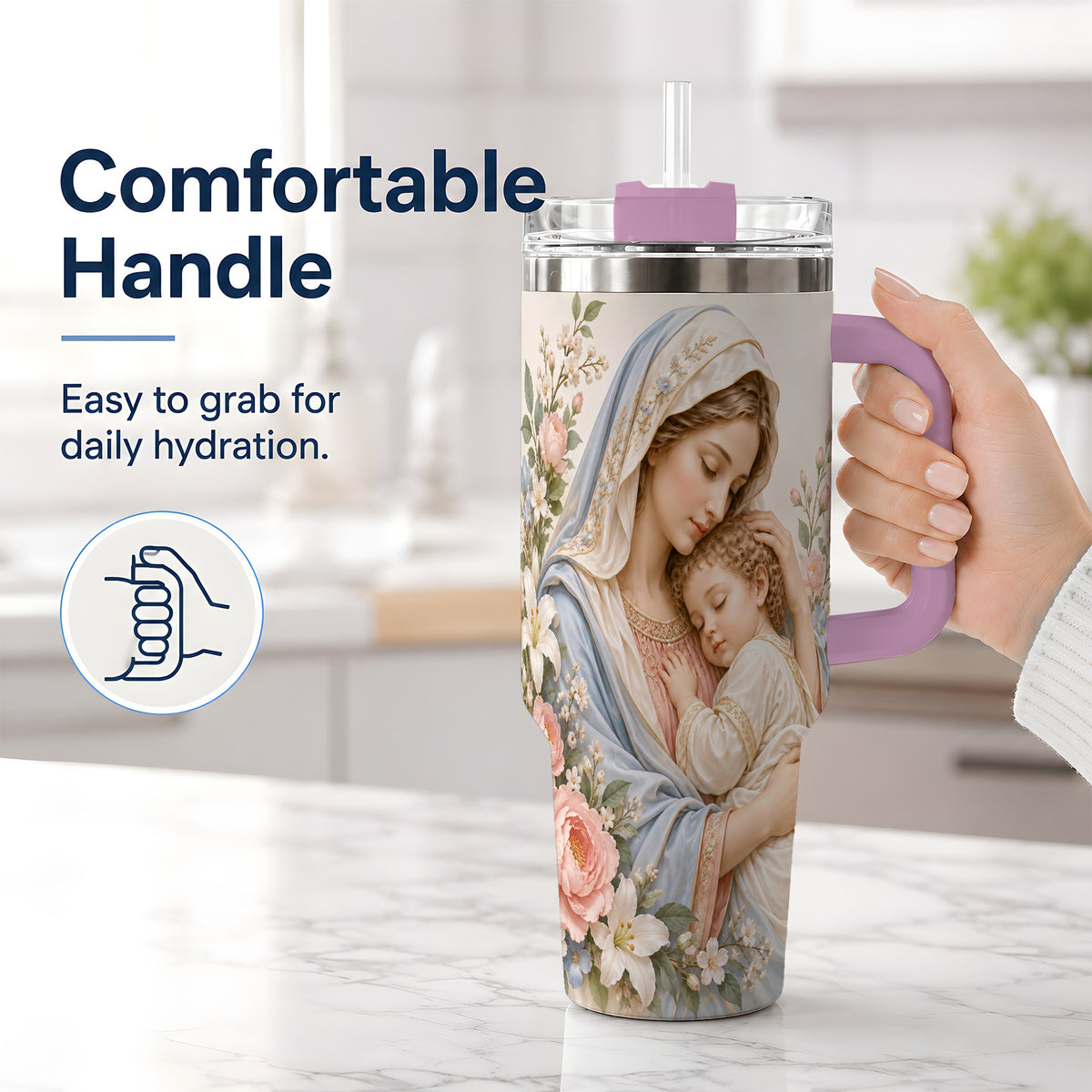 #pl[40oz|Pink] Mother and Child Floral 40oz Handled Tumbler, Stainless Steel Floral Art