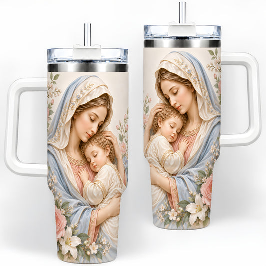 Mother and Child Floral 40oz Handled Tumbler, Stainless Steel Floral Art