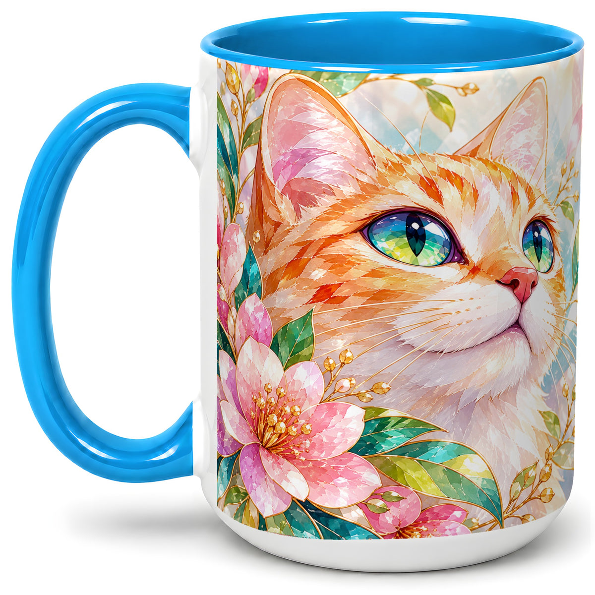 #pl[15oz|Blue] Orange Cat Floral Ceramic Mug, Pink Blossom Artwork for Cat Lovers