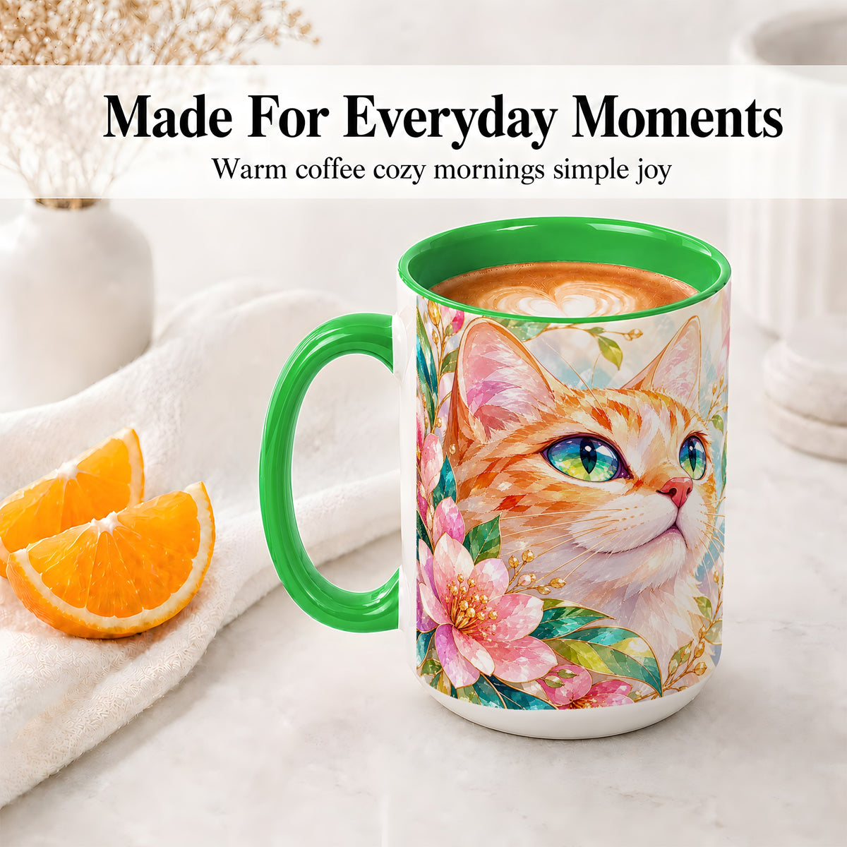 #pl[15oz|Green] Orange Cat Floral Ceramic Mug, Pink Blossom Artwork for Cat Lovers