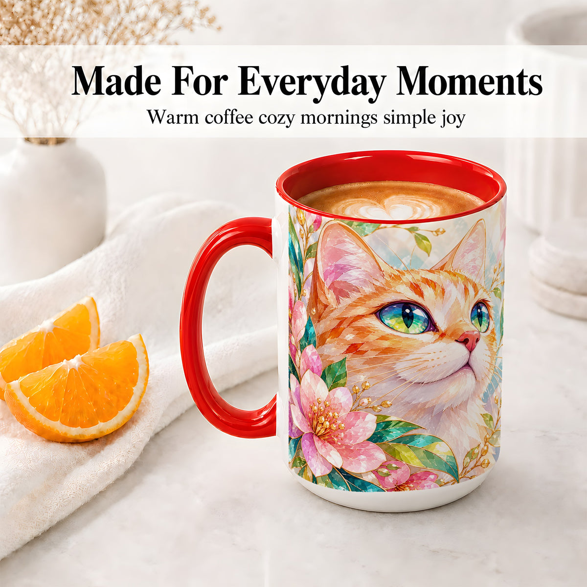 #pl[15oz|Red] Orange Cat Floral Ceramic Mug, Pink Blossom Artwork for Cat Lovers