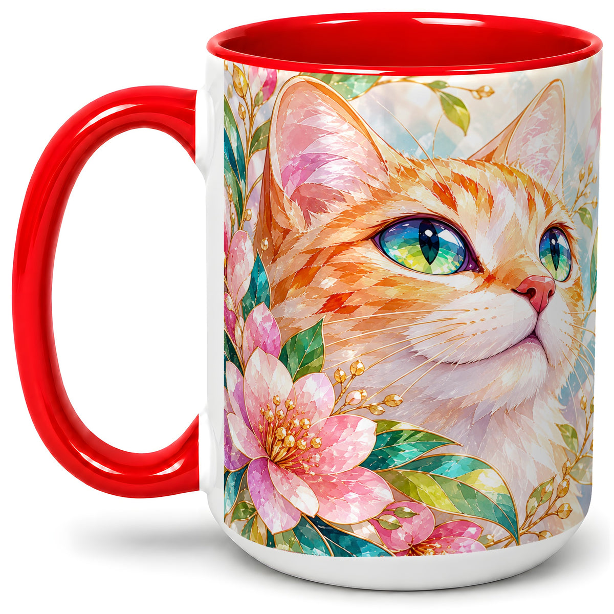 #pl[15oz|Red] Orange Cat Floral Ceramic Mug, Pink Blossom Artwork for Cat Lovers