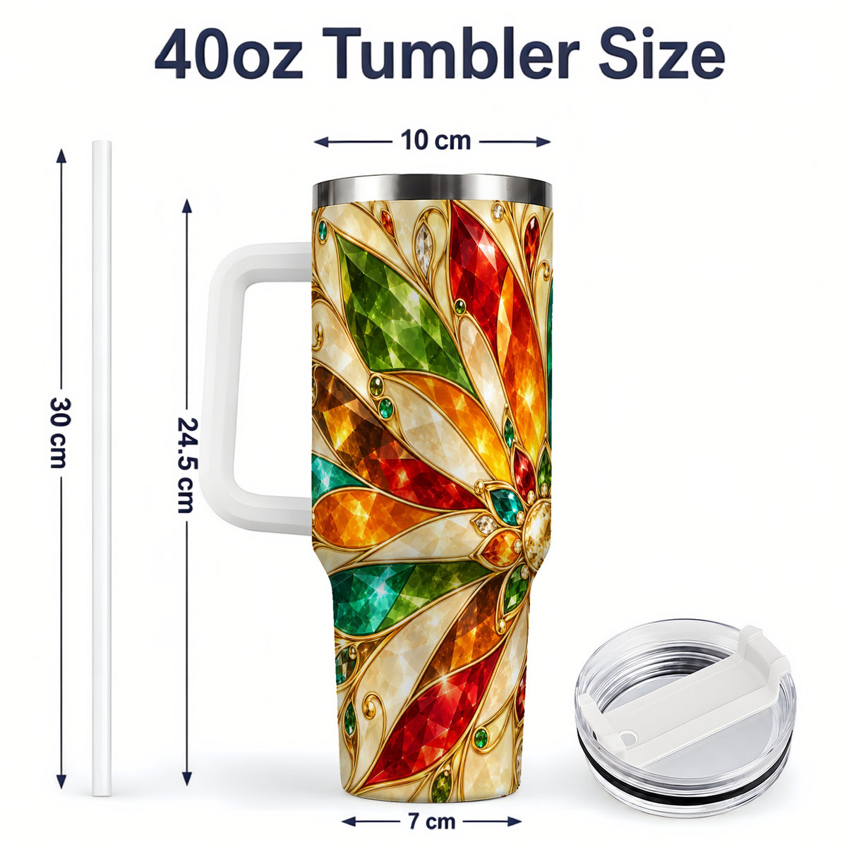 #pl[40oz|White] Jeweled Floral Pattern 40oz Tumbler, Printed Drinkware for Art Lovers