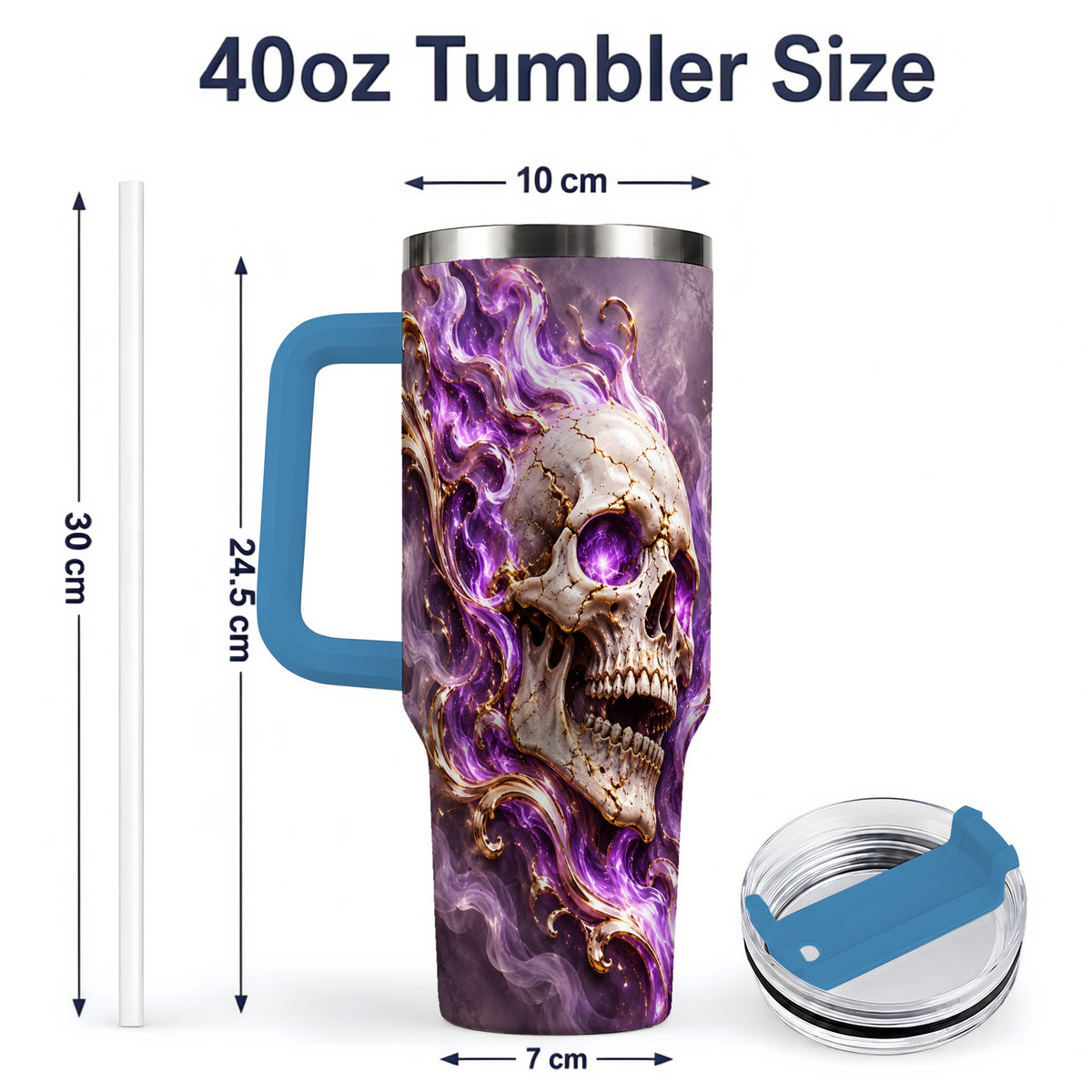 #pl[40oz|Blue] Purple Flame Skull 40oz Tumbler, Printed Drinkware for Gothic Art Lovers