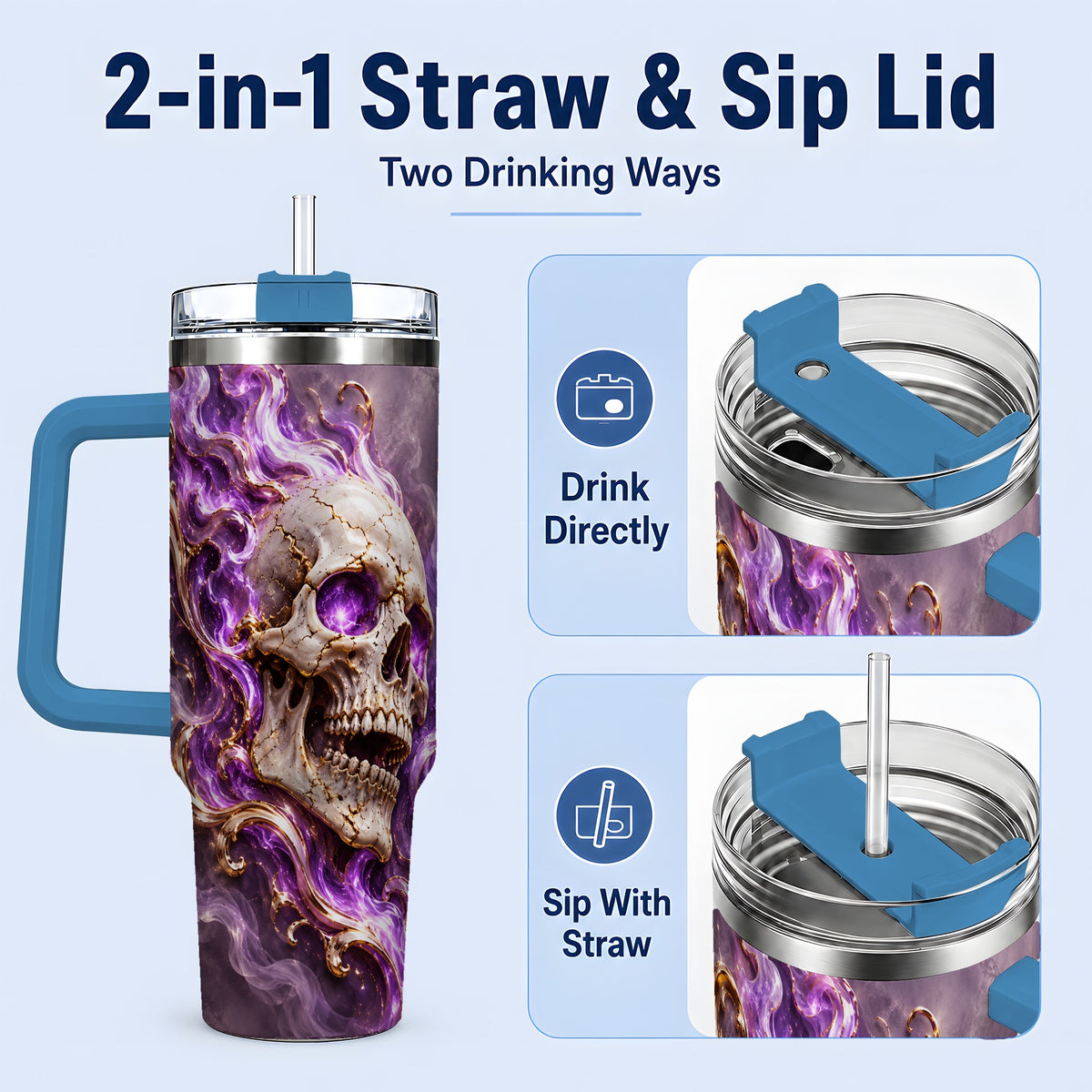 #pl[40oz|Blue] Purple Flame Skull 40oz Tumbler, Printed Drinkware for Gothic Art Lovers