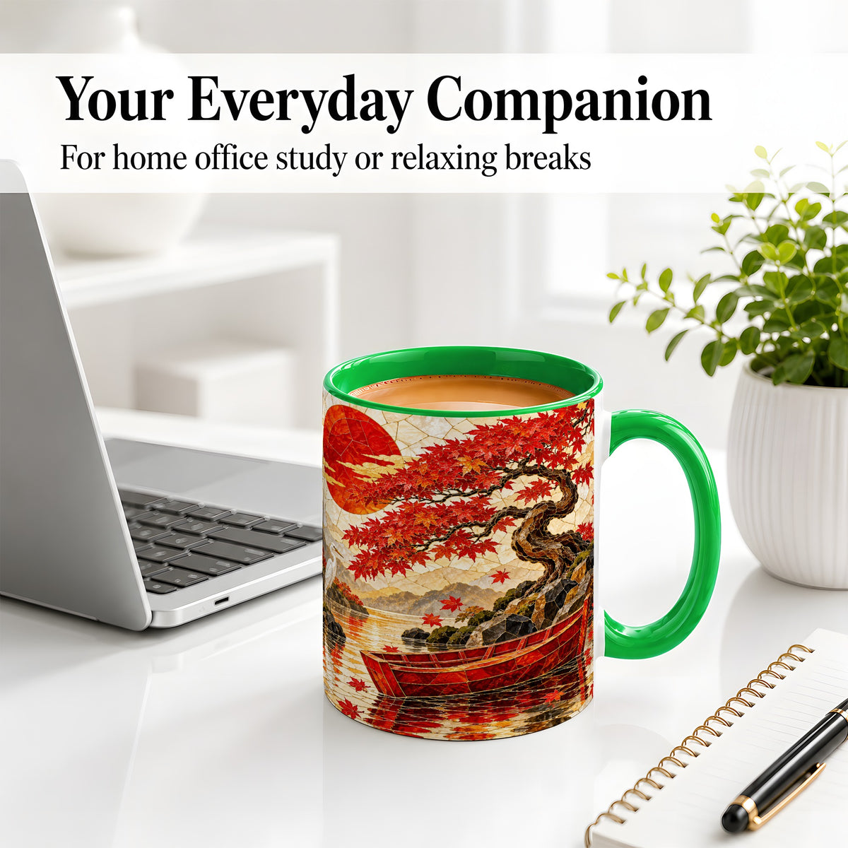 #pl[11oz|Green] Japanese Autumn Maple Ceramic Mug, Scenic Artwork with Boat and Crane