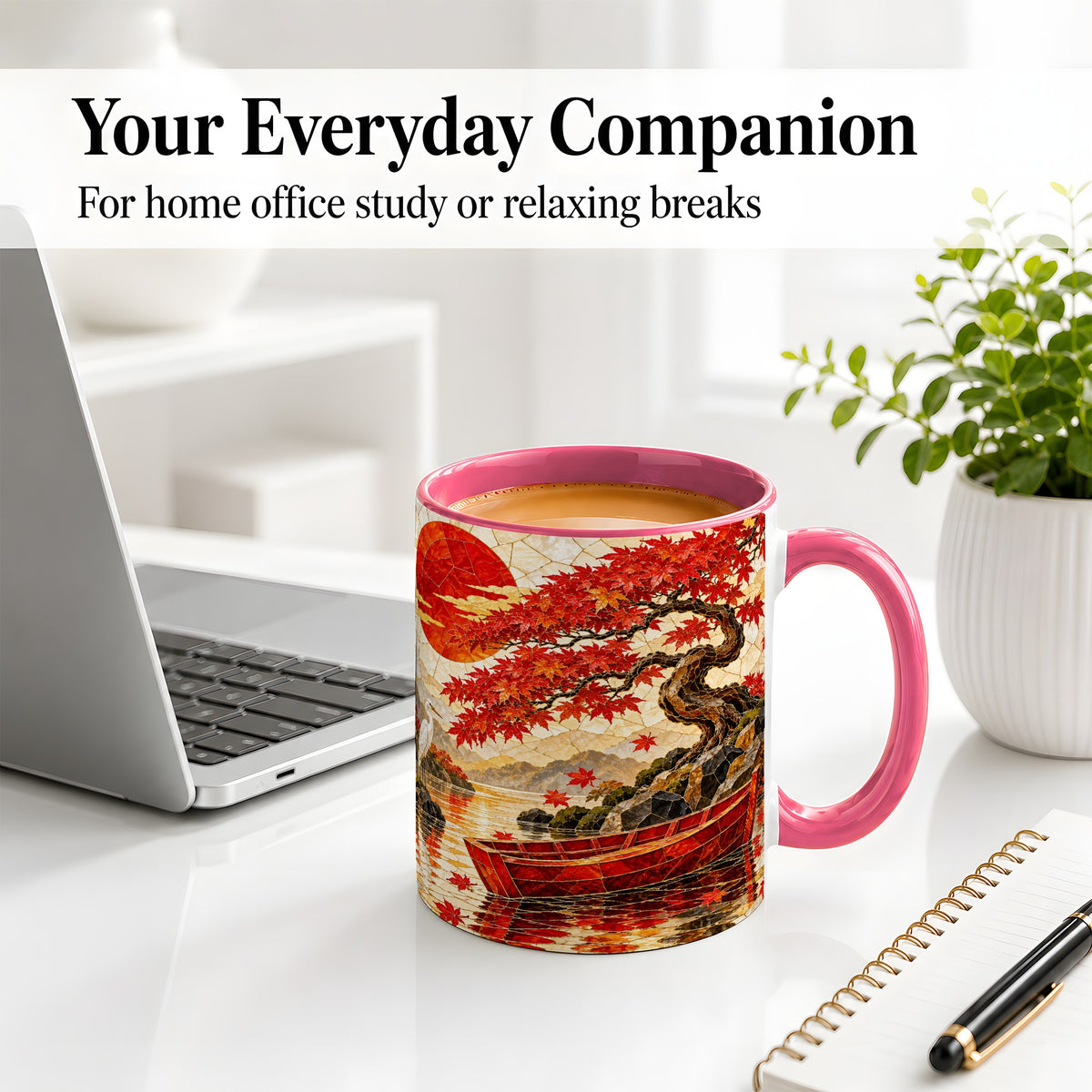 #pl[11oz|Pink] Japanese Autumn Maple Ceramic Mug, Scenic Artwork with Boat and Crane