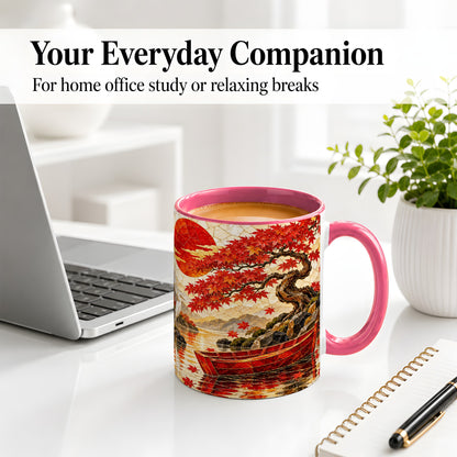 #pl[11oz|Pink] Japanese Autumn Maple Ceramic Mug, Scenic Artwork with Boat and Crane