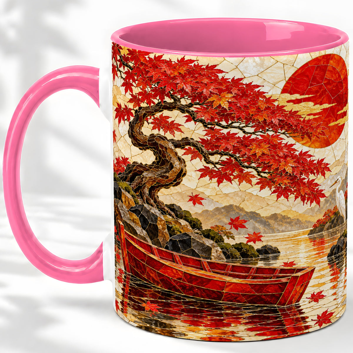 #pl[11oz|Pink] Japanese Autumn Maple Ceramic Mug, Scenic Artwork with Boat and Crane