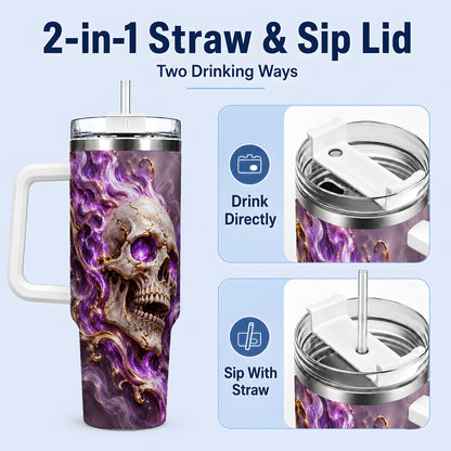 #pl[40oz|White] Purple Flame Skull 40oz Tumbler, Printed Drinkware for Gothic Art Lovers