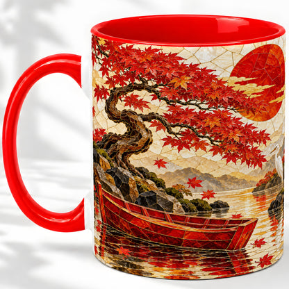 Japanese Autumn Maple Ceramic Mug, Scenic Artwork with Boat and Crane