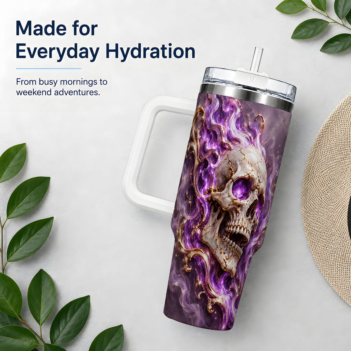 Purple Flame Skull 40oz Tumbler, Printed Drinkware for Gothic Art Lovers