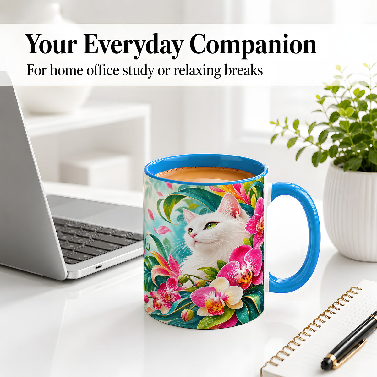 #pl[11oz|Blue] Tropical White Cat Ceramic Mug, Orchid Artwork with Green Leaves