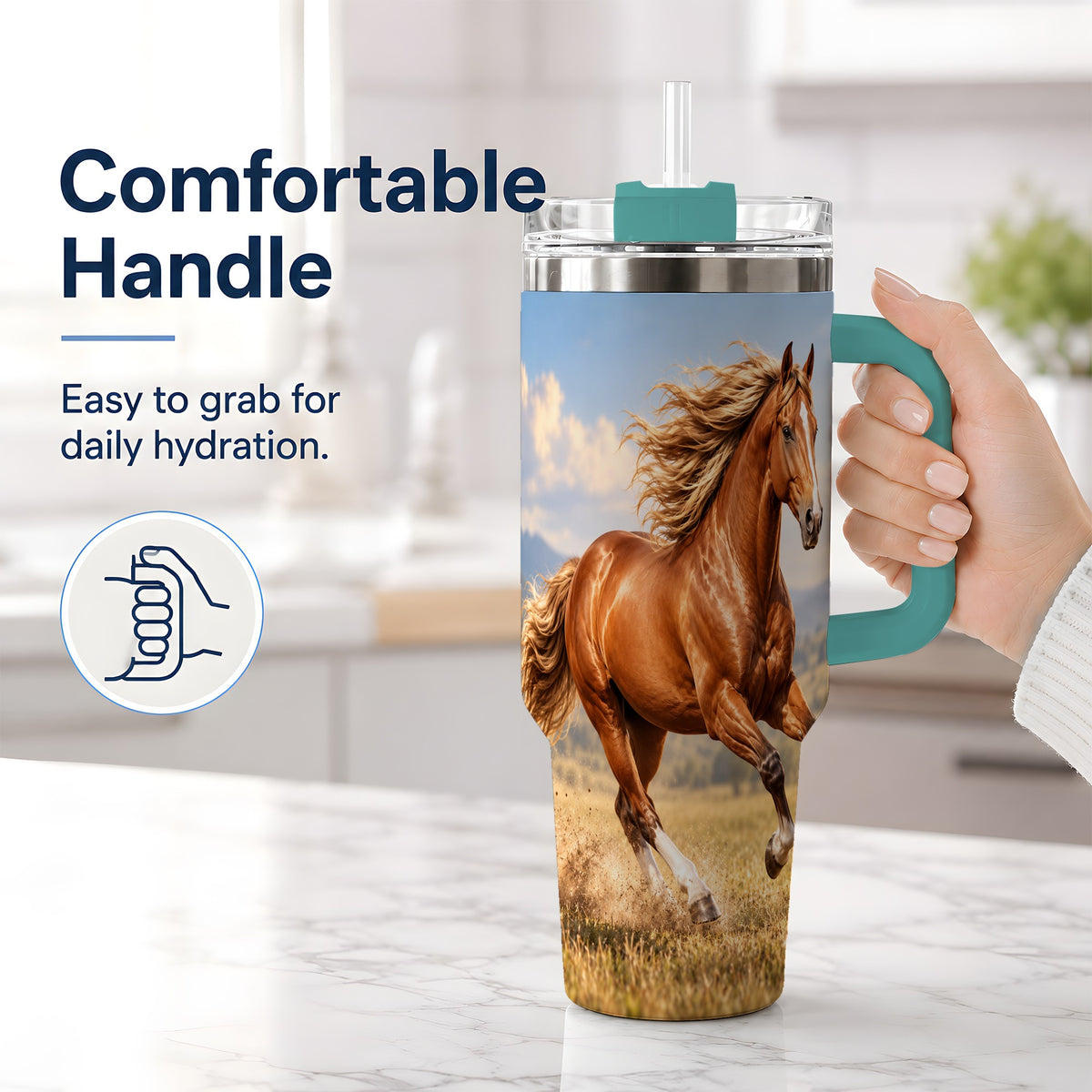 #pl[40oz|Green] Galloping Chestnut Horse 40oz Tumbler, Printed Drinkware for Horse Lovers