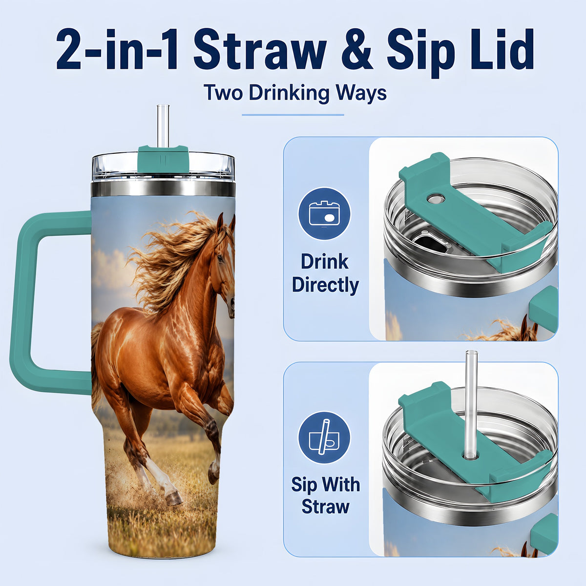 #pl[40oz|Green] Galloping Chestnut Horse 40oz Tumbler, Printed Drinkware for Horse Lovers