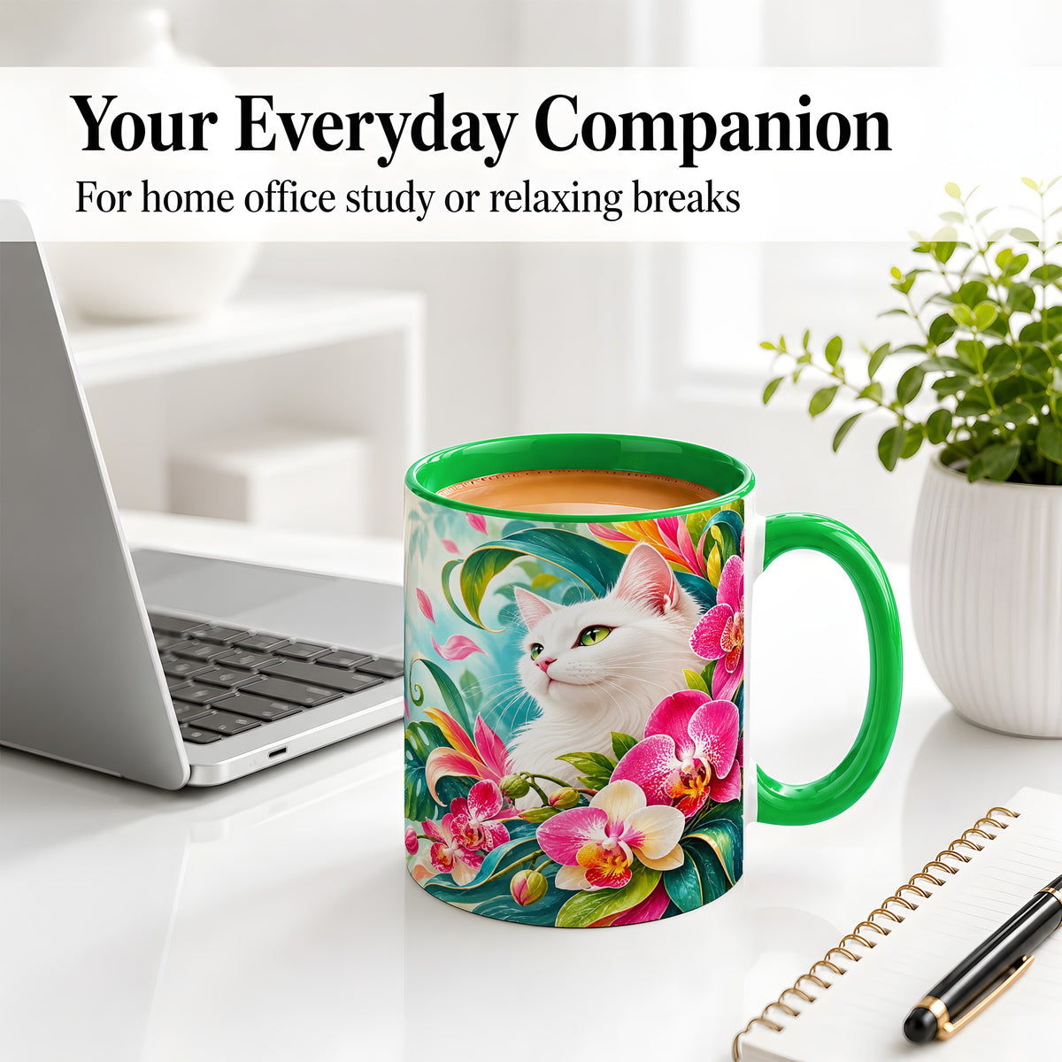 #pl[11oz|Green] Tropical White Cat Ceramic Mug, Orchid Artwork with Green Leaves