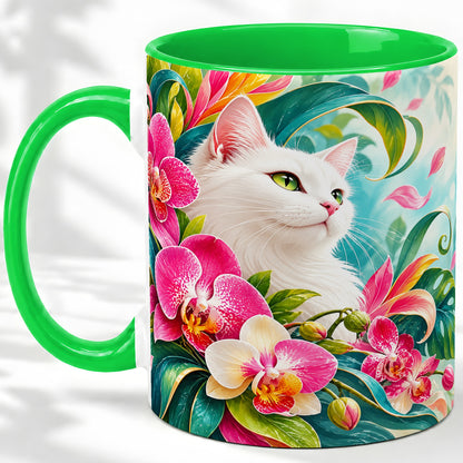 #pl[11oz|Green] Tropical White Cat Ceramic Mug, Orchid Artwork with Green Leaves