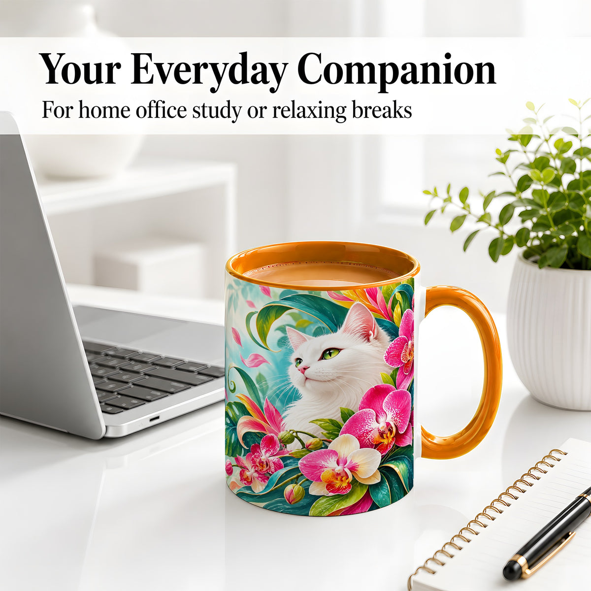 #pl[11oz|Orange] Tropical White Cat Ceramic Mug, Orchid Artwork with Green Leaves