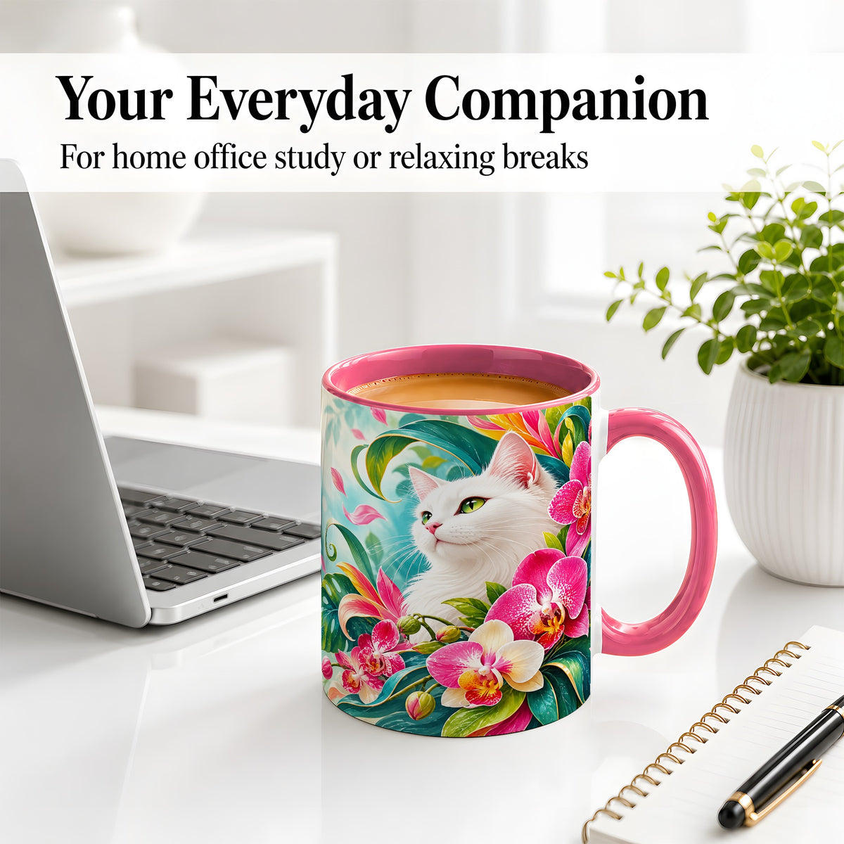 #pl[11oz|Pink] Tropical White Cat Ceramic Mug, Orchid Artwork with Green Leaves