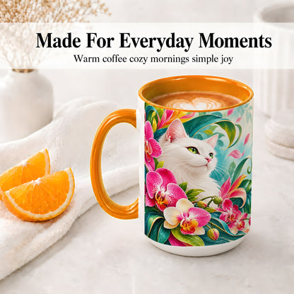 #pl[15oz|Orange] Tropical White Cat Ceramic Mug, Orchid Artwork with Green Leaves