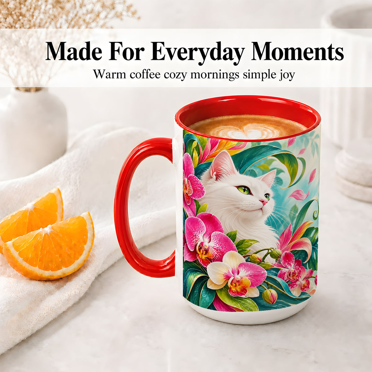 #pl[15oz|Red] Tropical White Cat Ceramic Mug, Orchid Artwork with Green Leaves