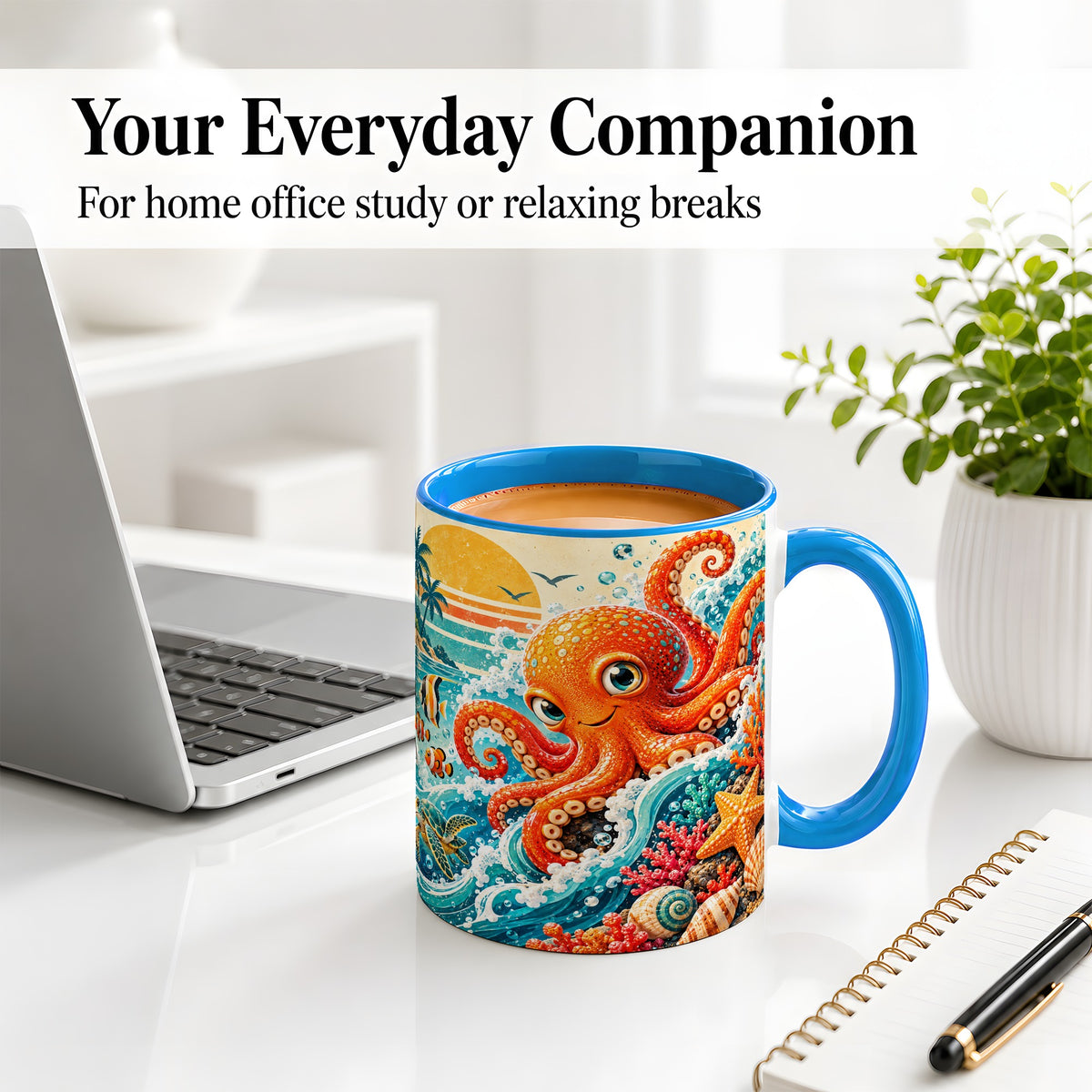 #pl[11oz|Blue] Ocean Octopus Ceramic Mug, Coastal Sea Life Artwork with Coral