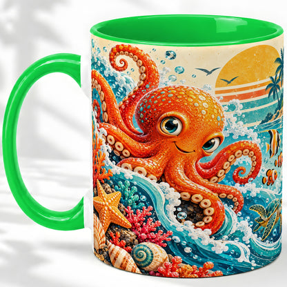 #pl[11oz|Green] Ocean Octopus Ceramic Mug, Coastal Sea Life Artwork with Coral