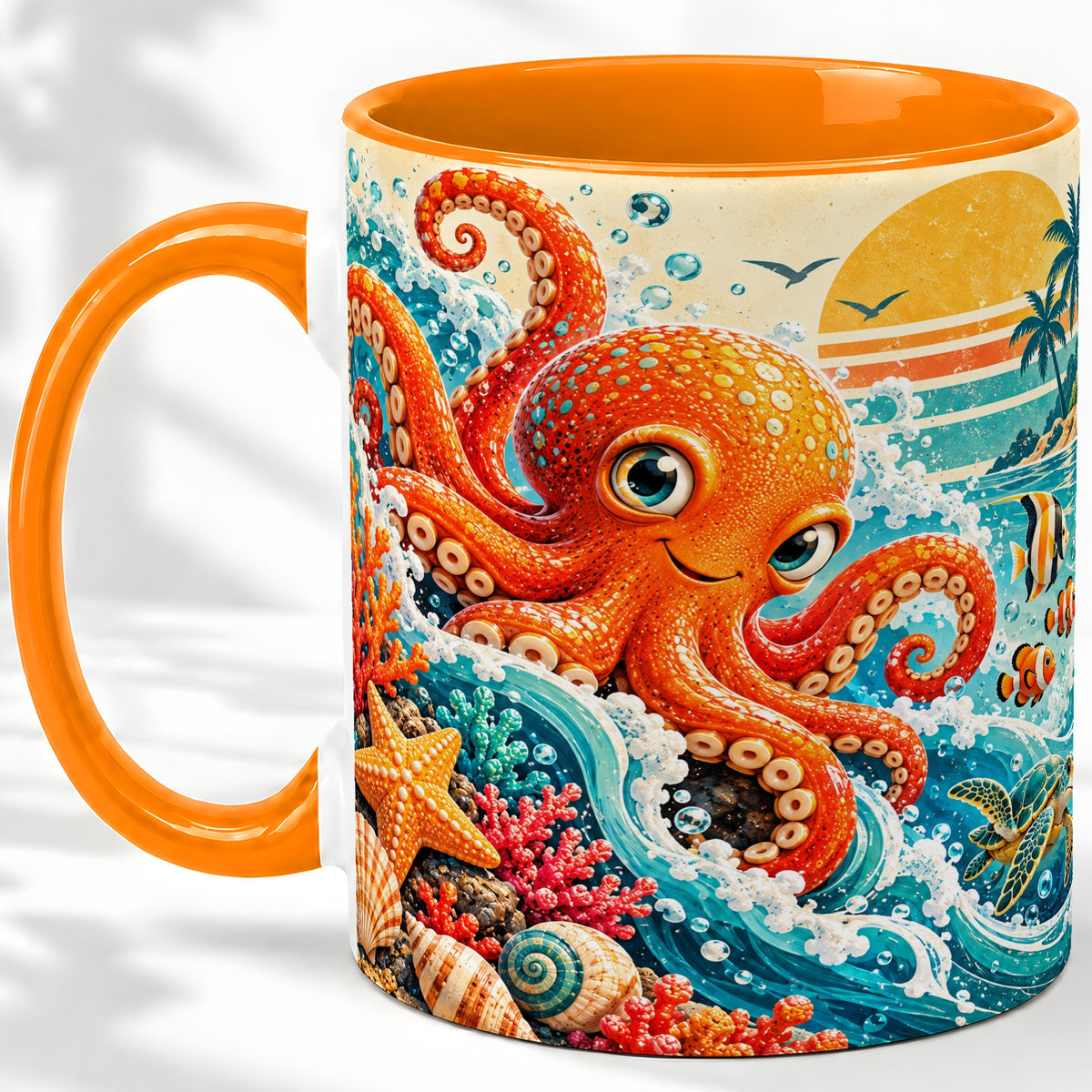 #pl[11oz|Orange] Ocean Octopus Ceramic Mug, Coastal Sea Life Artwork with Coral