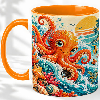 #pl[11oz|Orange] Ocean Octopus Ceramic Mug, Coastal Sea Life Artwork with Coral