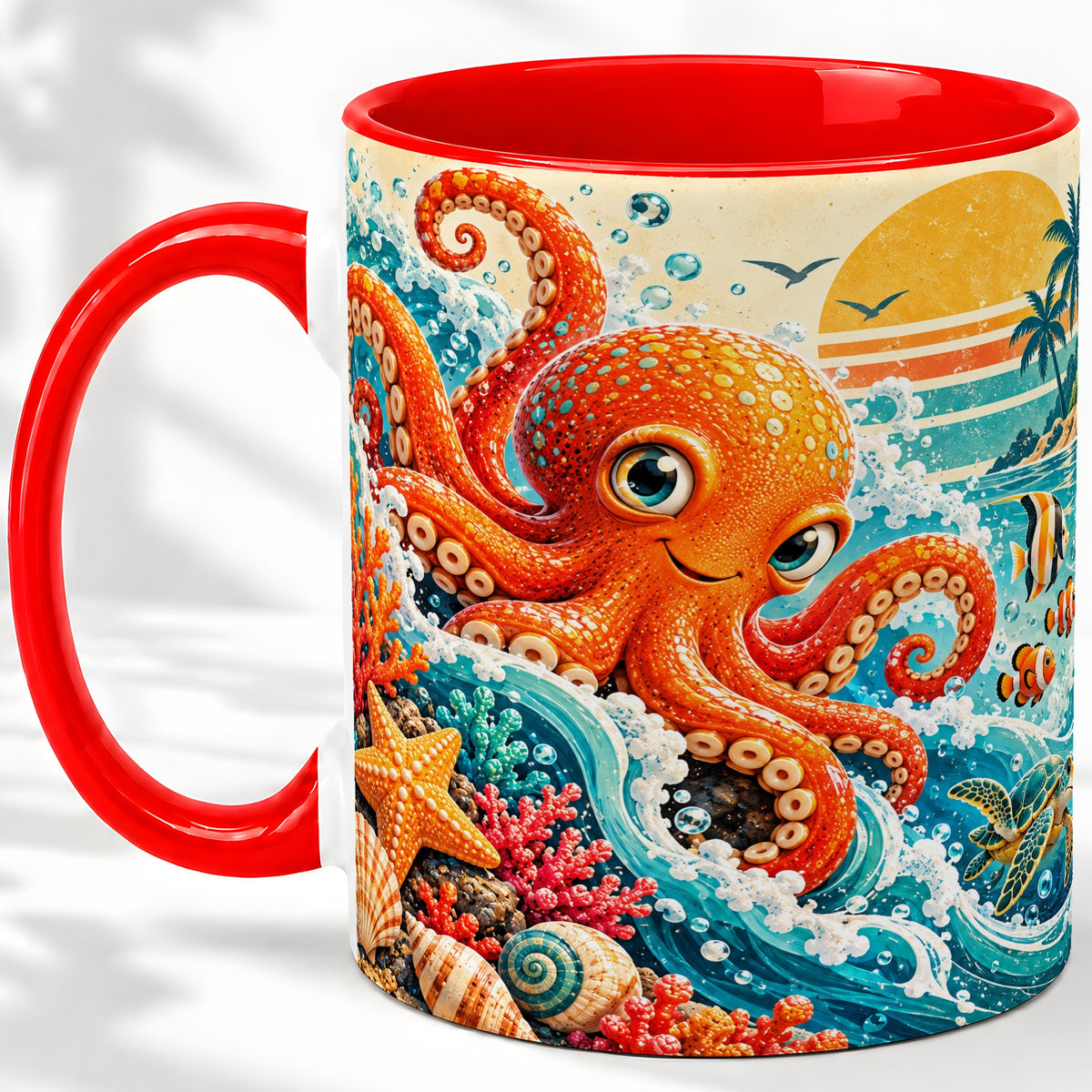 Ocean Octopus Ceramic Mug, Coastal Sea Life Artwork with Coral