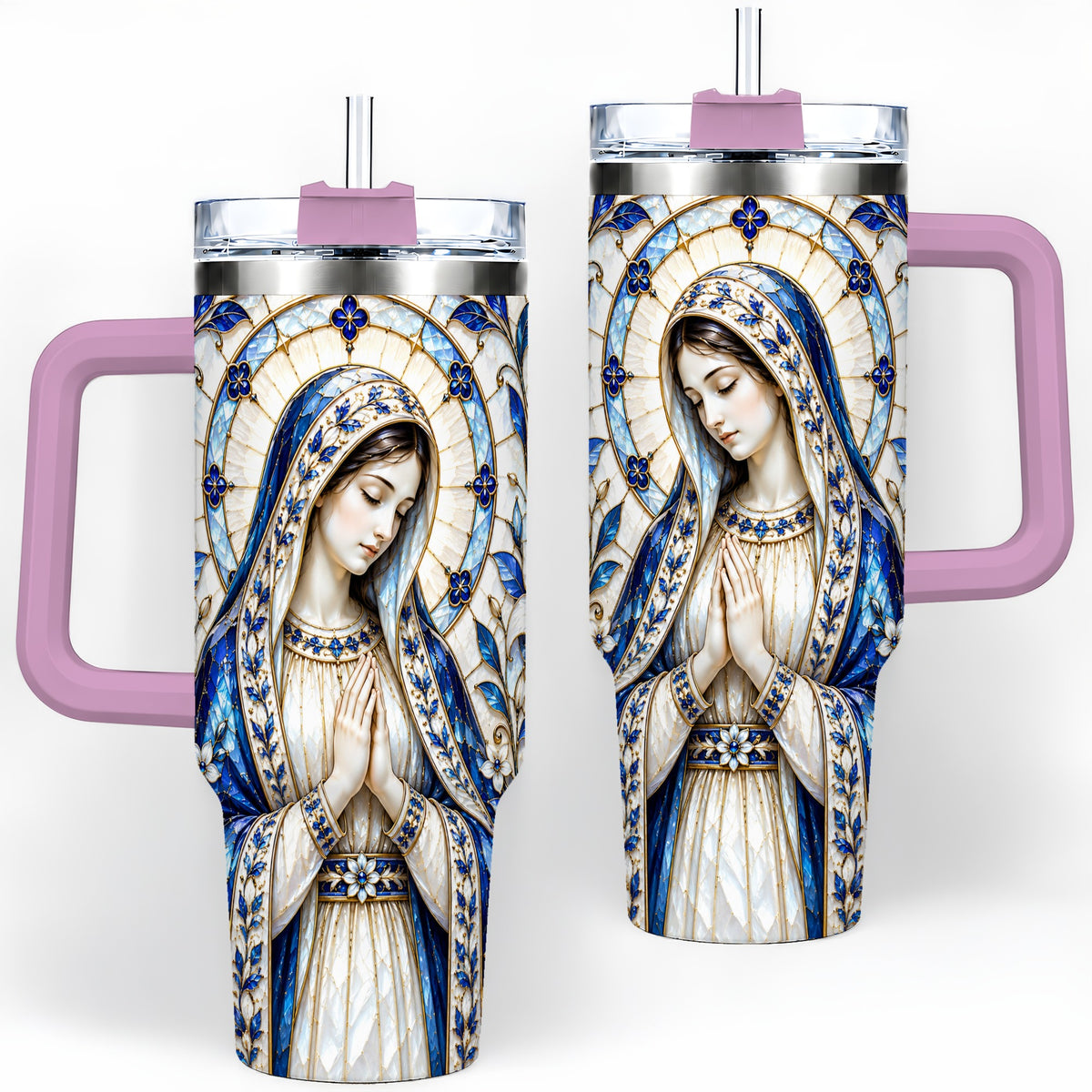 #pl[40oz|Pink] Virgin Mary Floral 40oz Tumbler, Printed Drinkware for Christian Art Lovers